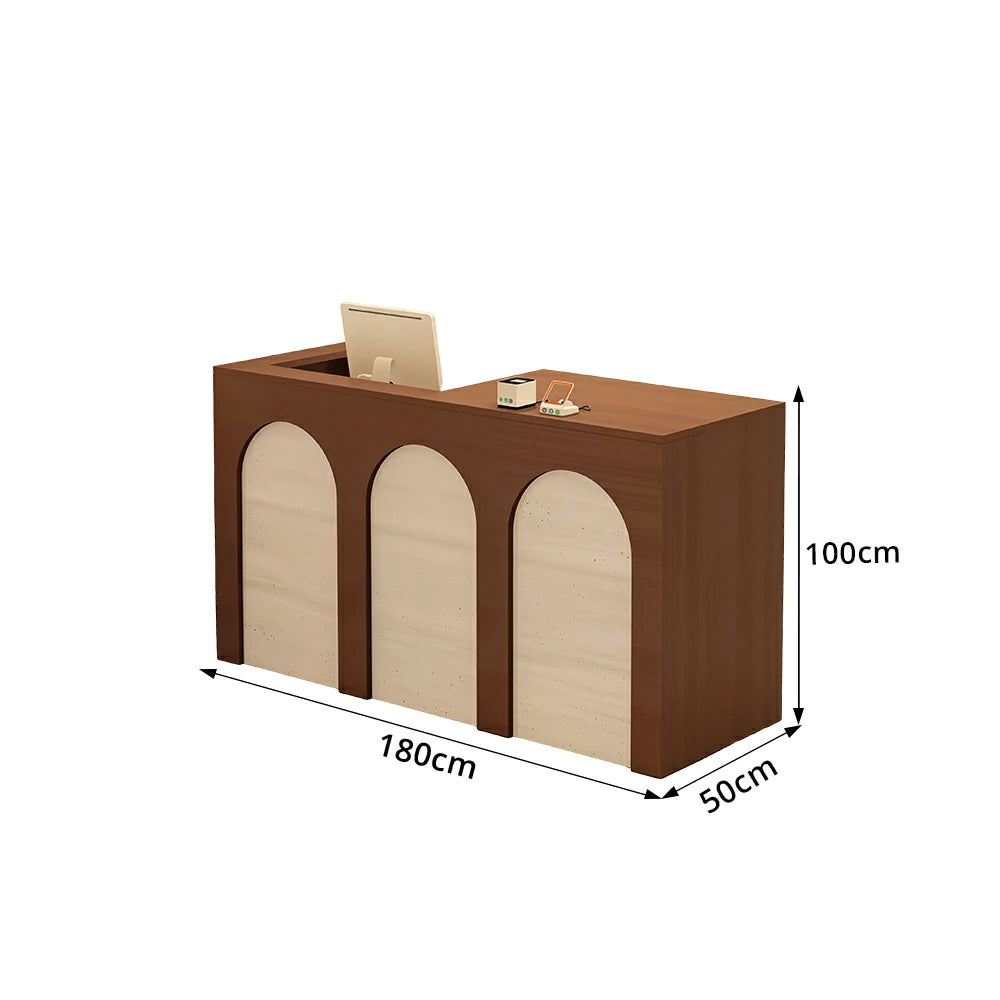 LIVARA 120/180cm French Arch Reception Counter with Lockable Storage for Retail Store and Salon - Walnut & Travertine, Left Raised Counter