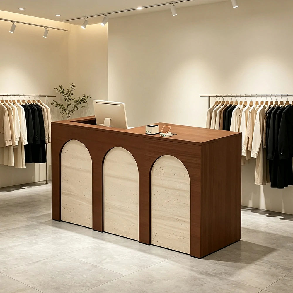 LIVARA 120/180cm French Arch Reception Counter with Lockable Storage for Retail Store and Salon - Walnut & Travertine, Left Raised Counter