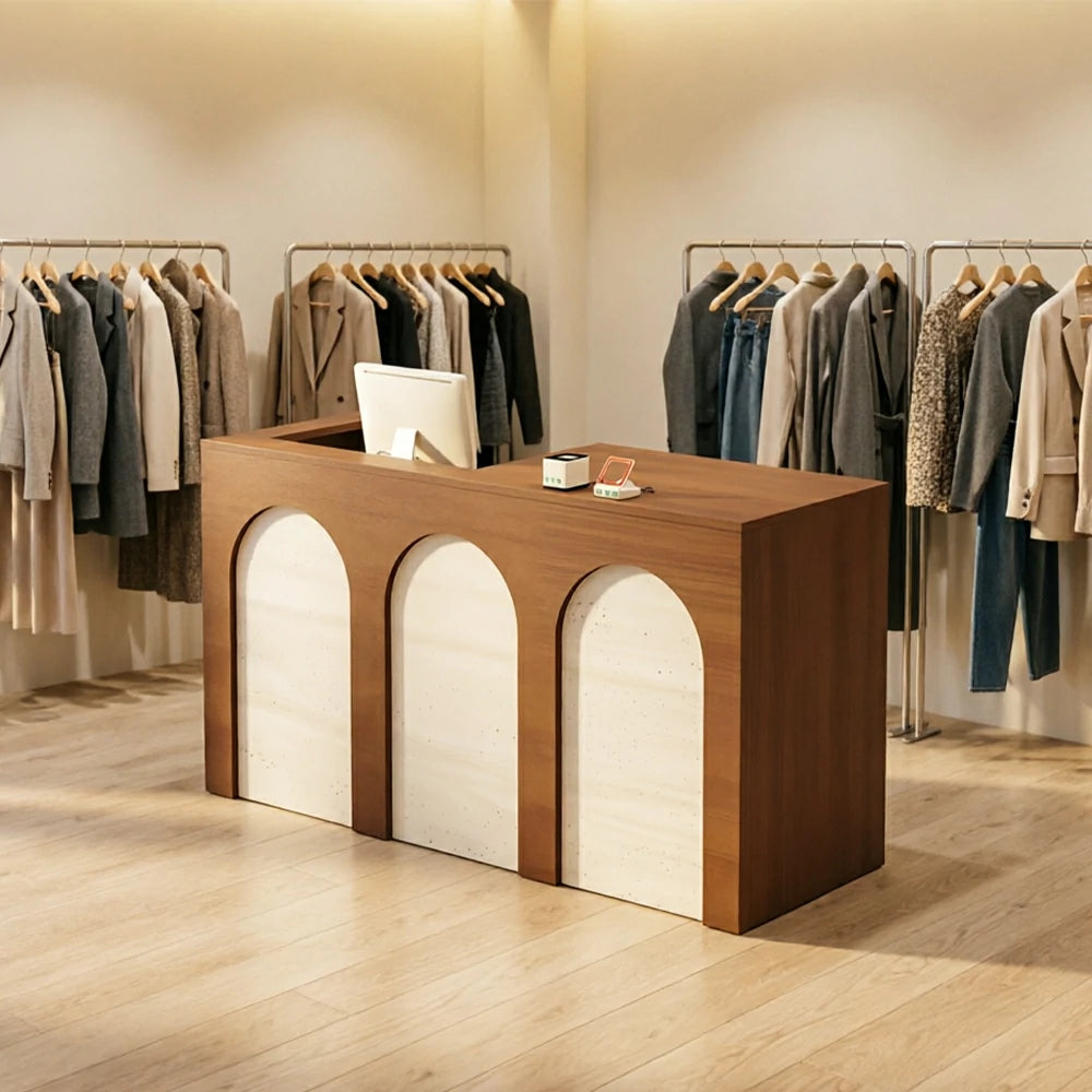 LIVARA 120/180cm French Arch Reception Counter with Lockable Storage for Retail Store and Salon - Walnut & Travertine, Left Raised Counter