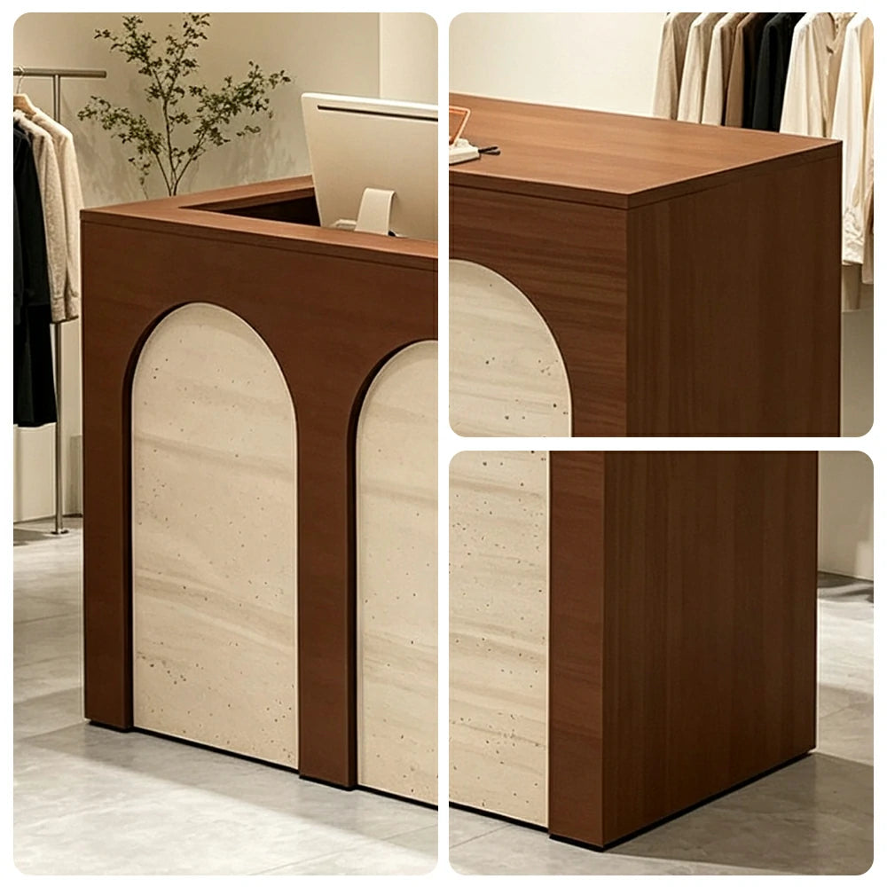 LIVARA 120/180cm French Arch Reception Counter with Lockable Storage for Retail Store and Salon - Walnut & Travertine, Left Raised Counter