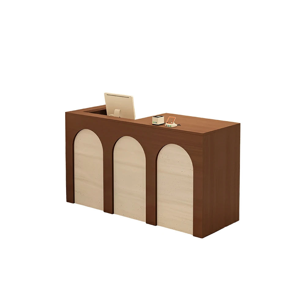 LIVARA 120/180cm French Arch Reception Counter with Lockable Storage for Retail Store and Salon - Walnut & Travertine, Left Raised Counter
