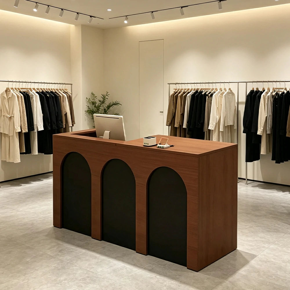 LIVARA 120/180cm French Arch Reception Counter with Lockable Storage for Retail Store and Salon - Walnut & Black, Left Raised Counter