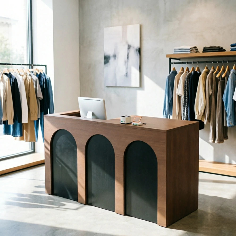 LIVARA 120/180cm French Arch Reception Counter with Lockable Storage for Retail Store and Salon - Walnut & Black, Left Raised Counter