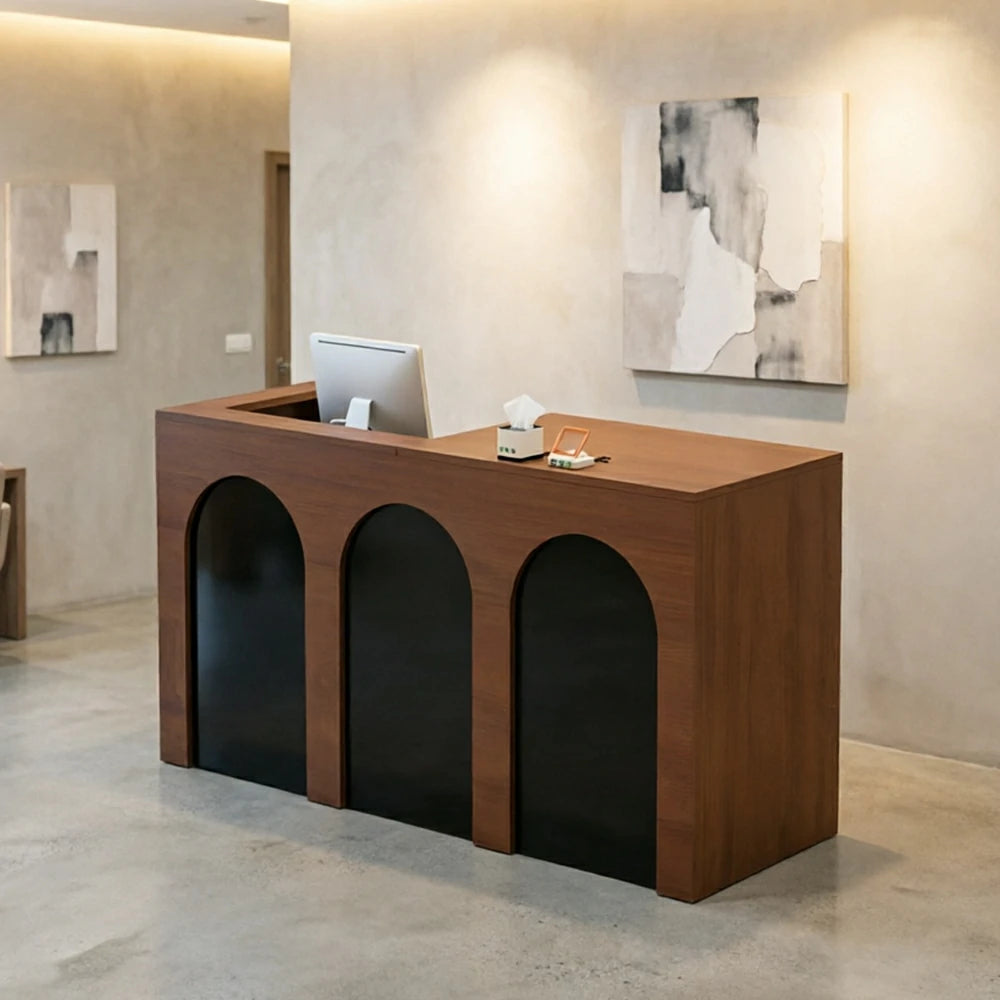 LIVARA 120/180cm French Arch Reception Counter with Lockable Storage for Retail Store and Salon - Walnut & Black, Left Raised Counter