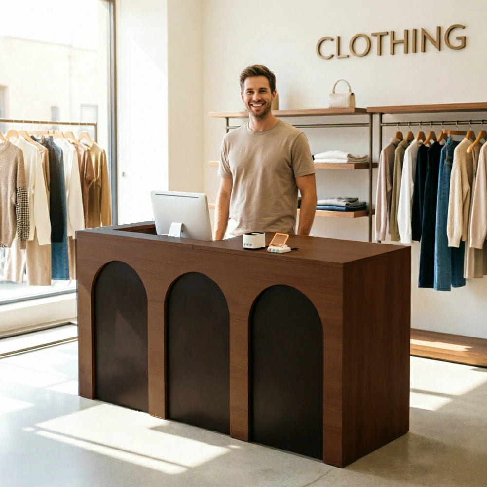 LIVARA 120/180cm French Arch Reception Counter with Lockable Storage for Retail Store and Salon - Walnut & Black, Left Raised Counter