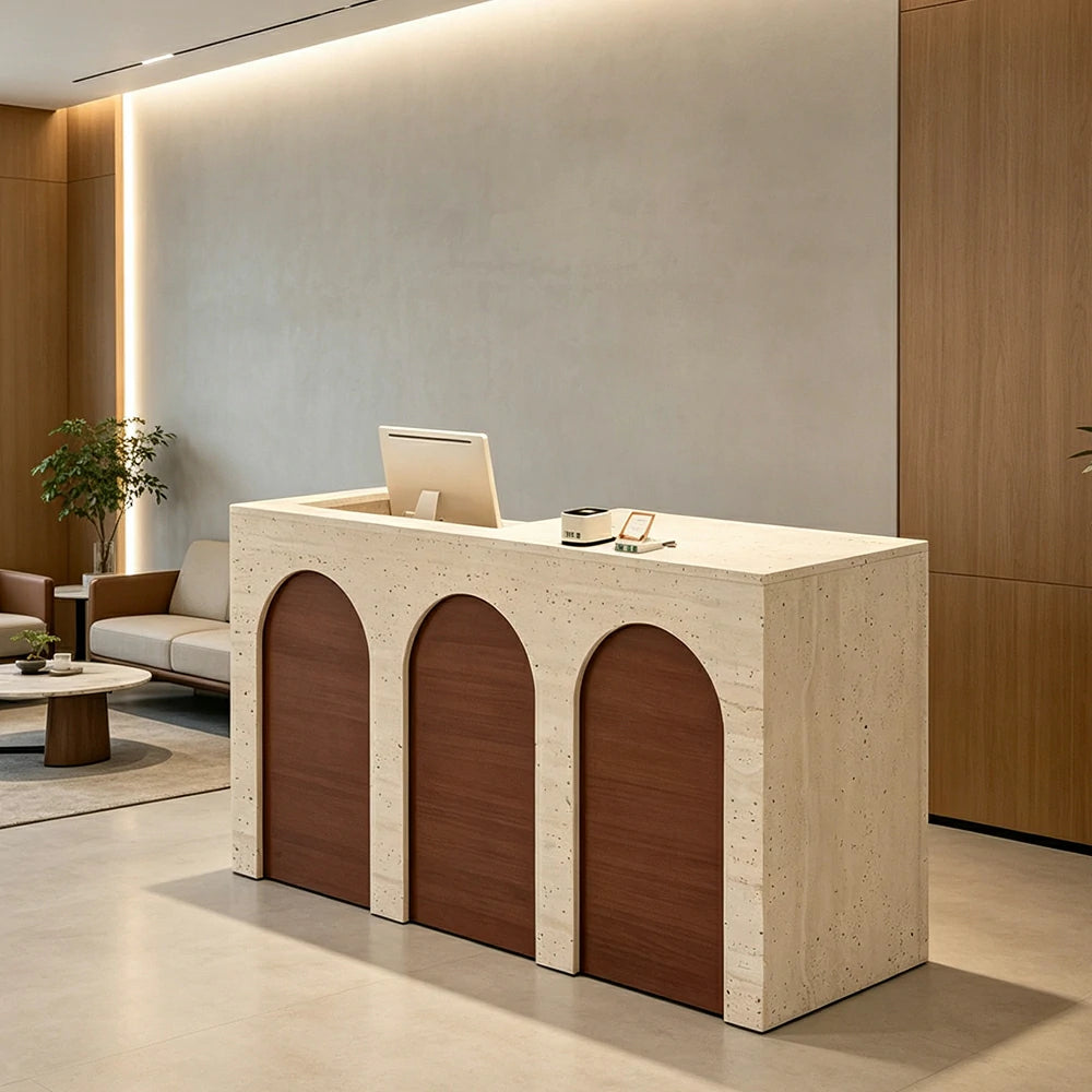 LIVARA 120/180cm French Arch Reception Counter with Lockable Storage for Retail Store and Salon - Travertine & Walnut, Left Raised Counter