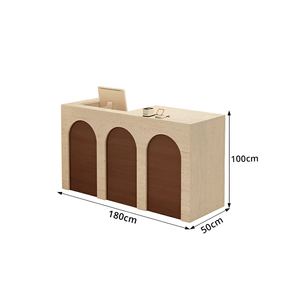 LIVARA 120/180cm French Arch Reception Counter with Lockable Storage for Retail Store and Salon - Travertine & Walnut, Left Raised Counter