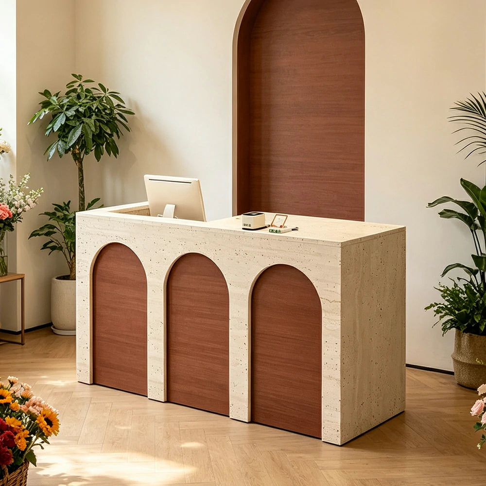 LIVARA 120/180cm French Arch Reception Counter with Lockable Storage for Retail Store and Salon - Travertine & Walnut, Left Raised Counter
