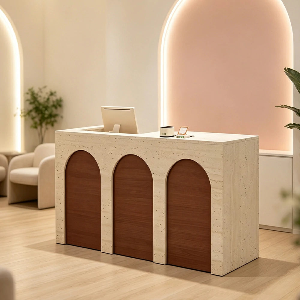 LIVARA 120/180cm French Arch Reception Counter with Lockable Storage for Retail Store and Salon - Travertine & Walnut, Left Raised Counter