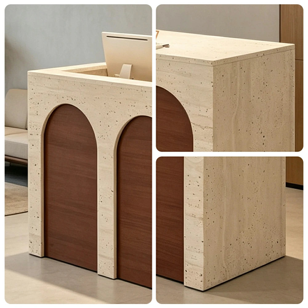 LIVARA 120/180cm French Arch Reception Counter with Lockable Storage for Retail Store and Salon - Travertine & Walnut, Left Raised Counter