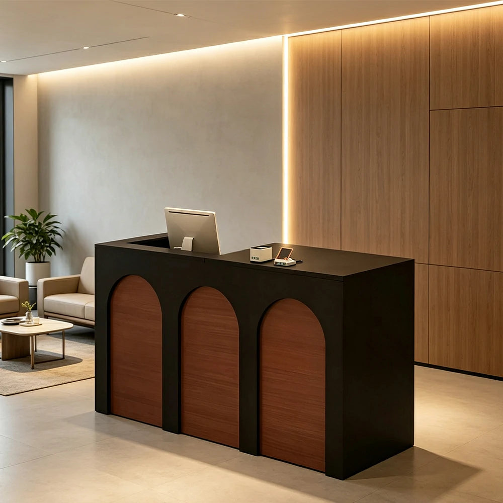LIVARA 120/180cm French Arch Reception Counter with Lockable Storage for Retail Store and Salon - Black & Walnut, Left Raised Counter