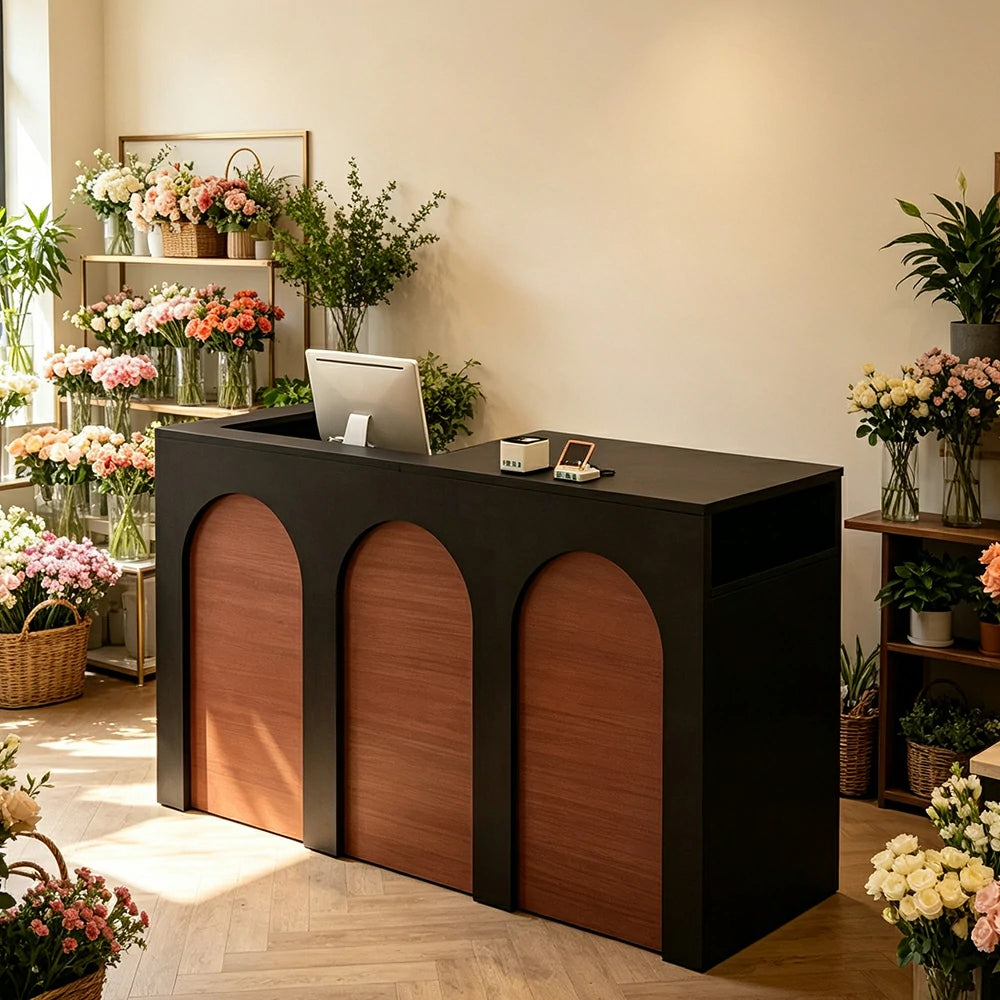 LIVARA 120/180cm French Arch Reception Counter with Lockable Storage for Retail Store and Salon - Black & Walnut, Left Raised Counter