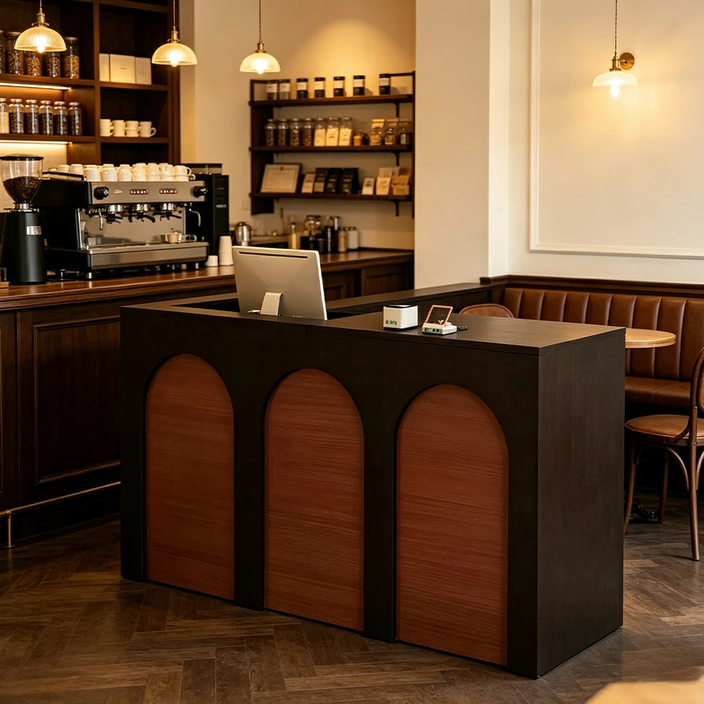 LIVARA 120/180cm French Arch Reception Counter with Lockable Storage for Retail Store and Salon - Black & Walnut, Left Raised Counter