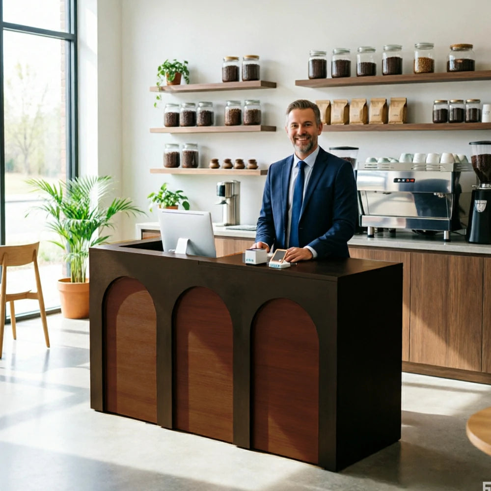 LIVARA 120/180cm French Arch Reception Counter with Lockable Storage for Retail Store and Salon - Black & Walnut, Left Raised Counter