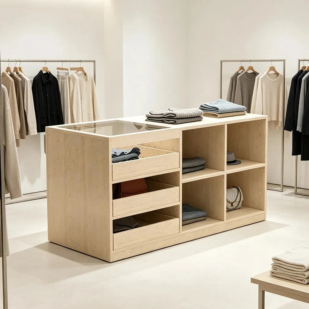LIVARA 120cm Retail Island Display Counter with Tempered Glass Top and Storage for Boutique & Clothing Store - Travertine