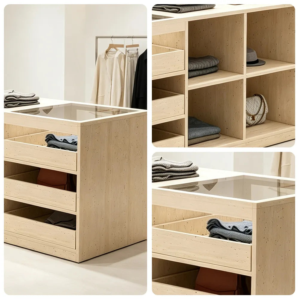 LIVARA 120cm Retail Island Display Counter with Tempered Glass Top and Storage for Boutique & Clothing Store - Travertine
