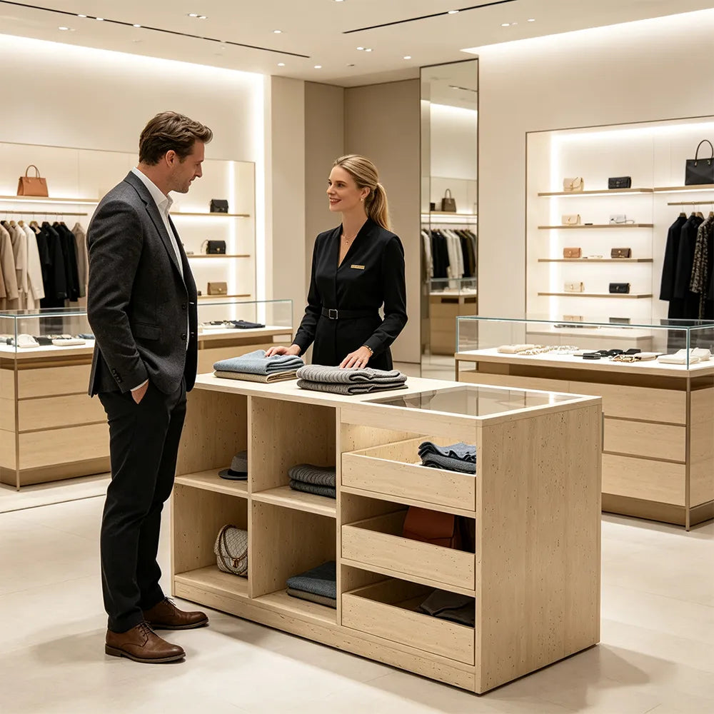 LIVARA 120cm Retail Island Display Counter with Tempered Glass Top and Storage for Boutique & Clothing Store - Travertine