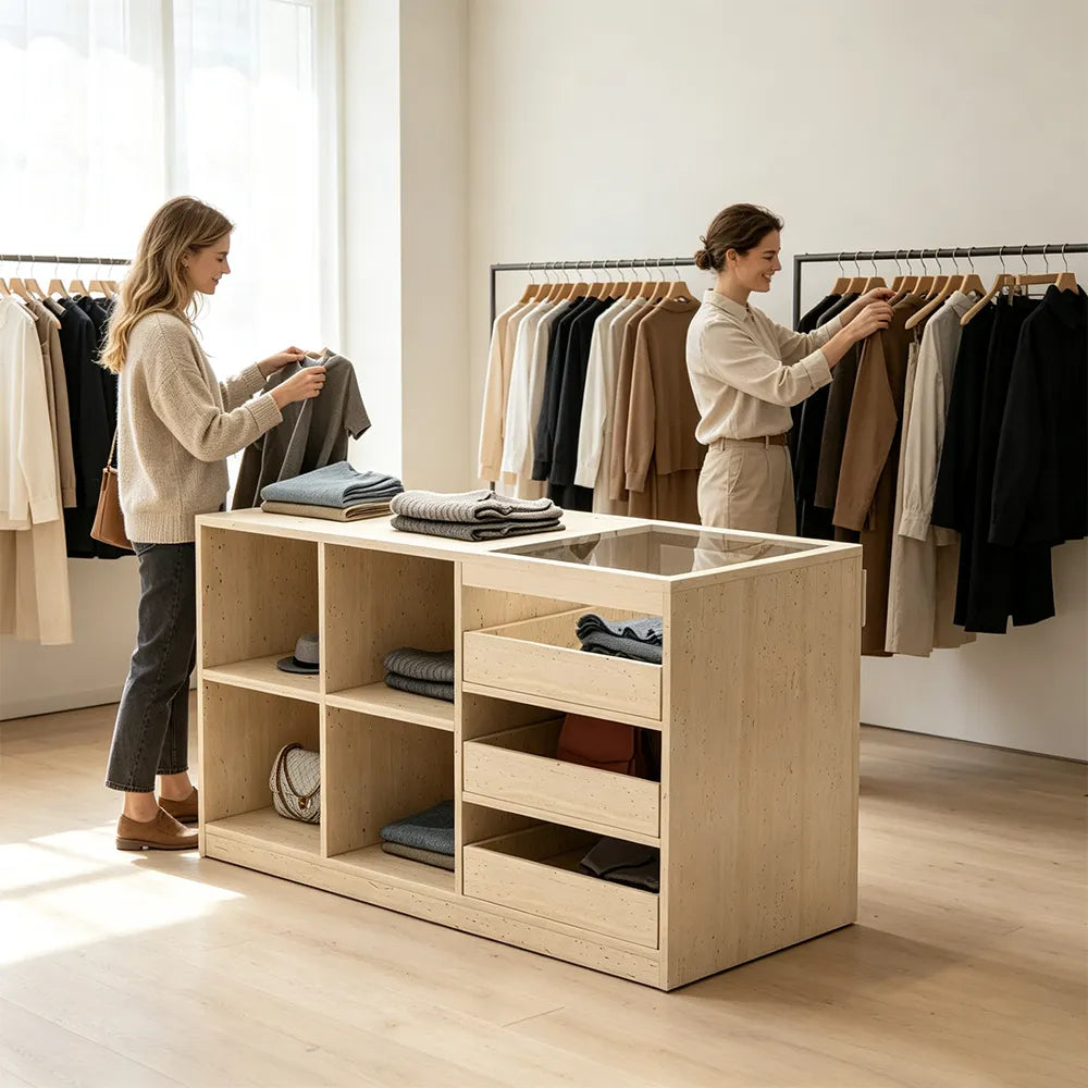 LIVARA 120cm Retail Island Display Counter with Tempered Glass Top and Storage for Boutique & Clothing Store - Travertine