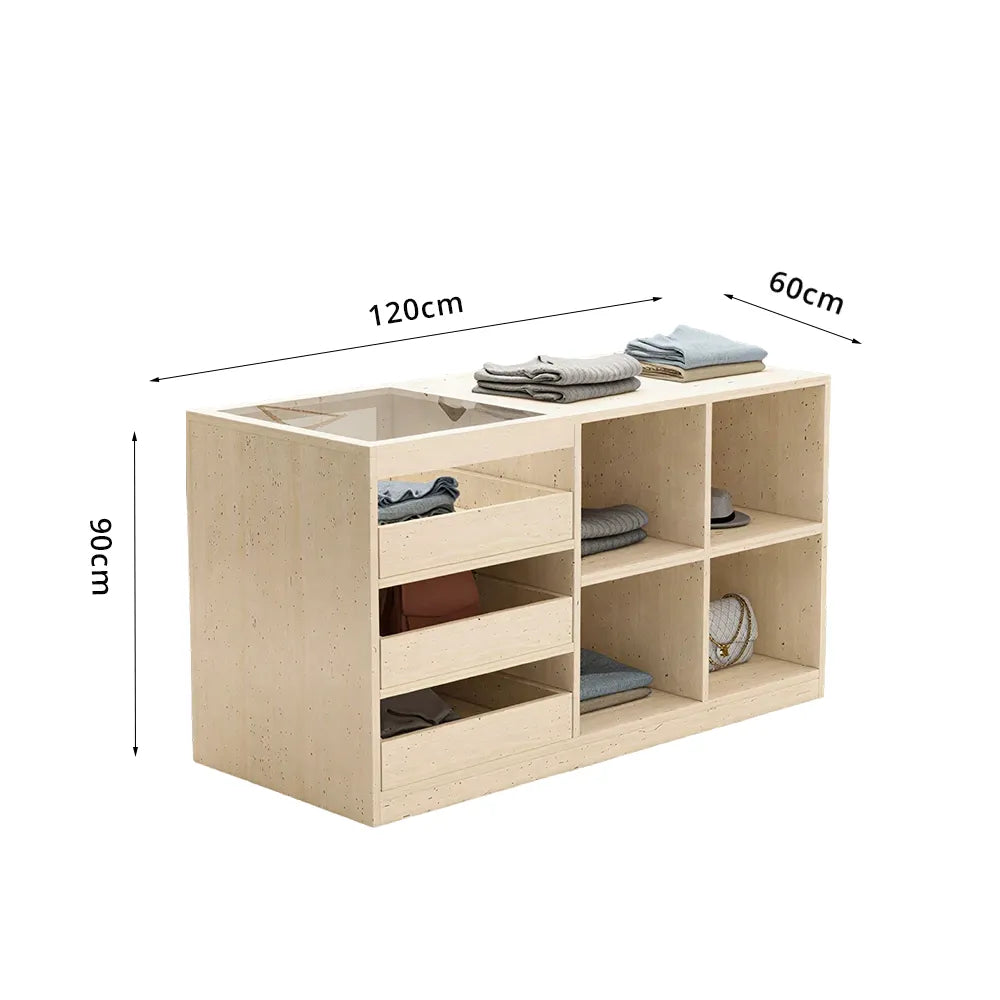 LIVARA 120cm Retail Island Display Counter with Tempered Glass Top and Storage for Boutique & Clothing Store - Travertine