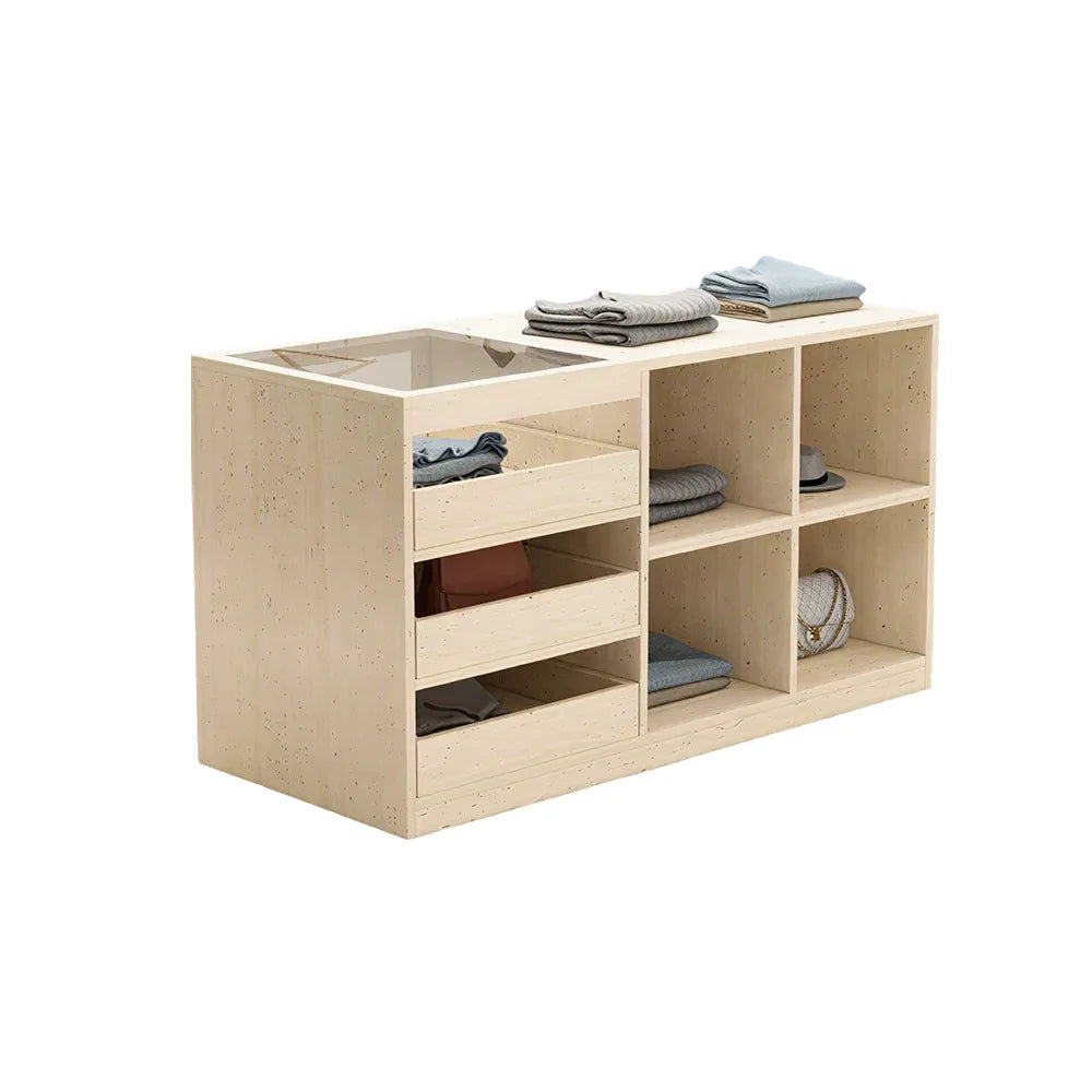 LIVARA 120cm Retail Island Display Counter with Tempered Glass Top and Storage for Boutique & Clothing Store - Travertine