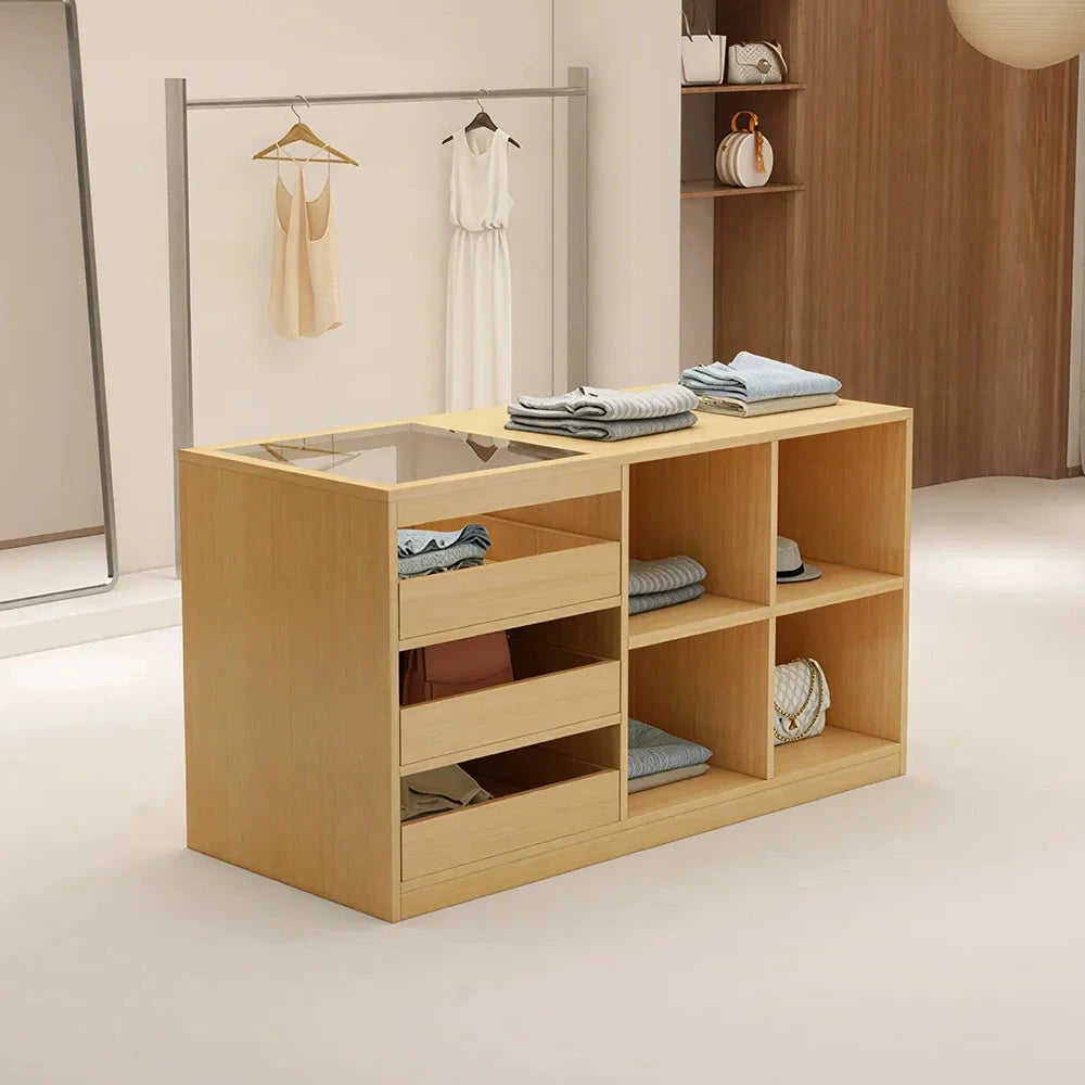 LIVARA 120cm Retail Island Display Counter with Tempered Glass Top and Storage for Boutique & Clothing Store - Wood