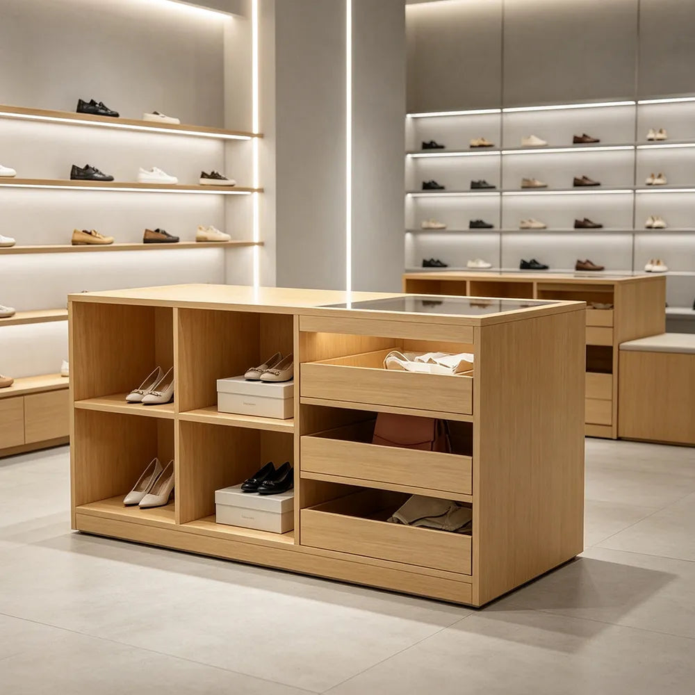 LIVARA 120cm Retail Island Display Counter with Tempered Glass Top and Storage for Boutique & Clothing Store - Wood