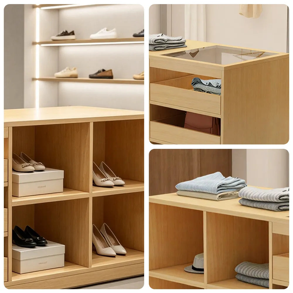 LIVARA 120cm Retail Island Display Counter with Tempered Glass Top and Storage for Boutique & Clothing Store - Wood