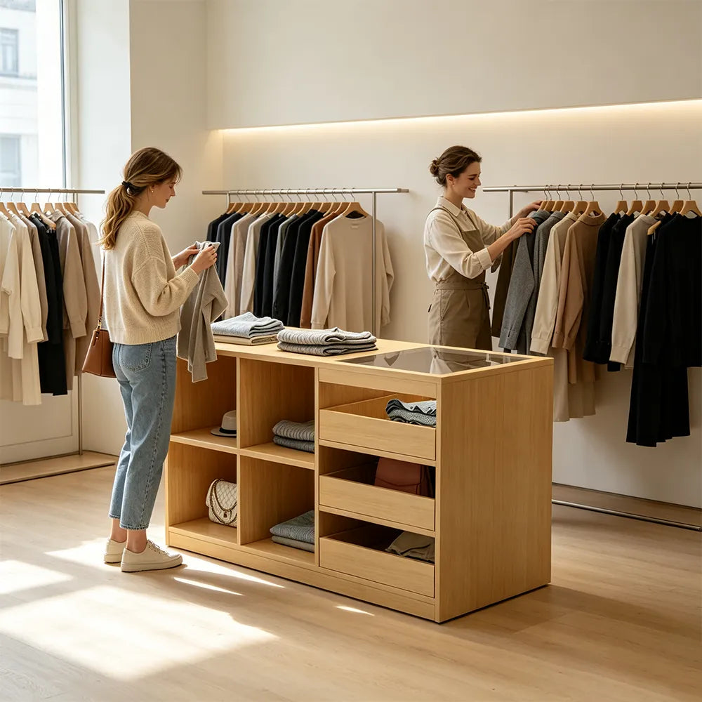 LIVARA 120cm Retail Island Display Counter with Tempered Glass Top and Storage for Boutique & Clothing Store - Wood