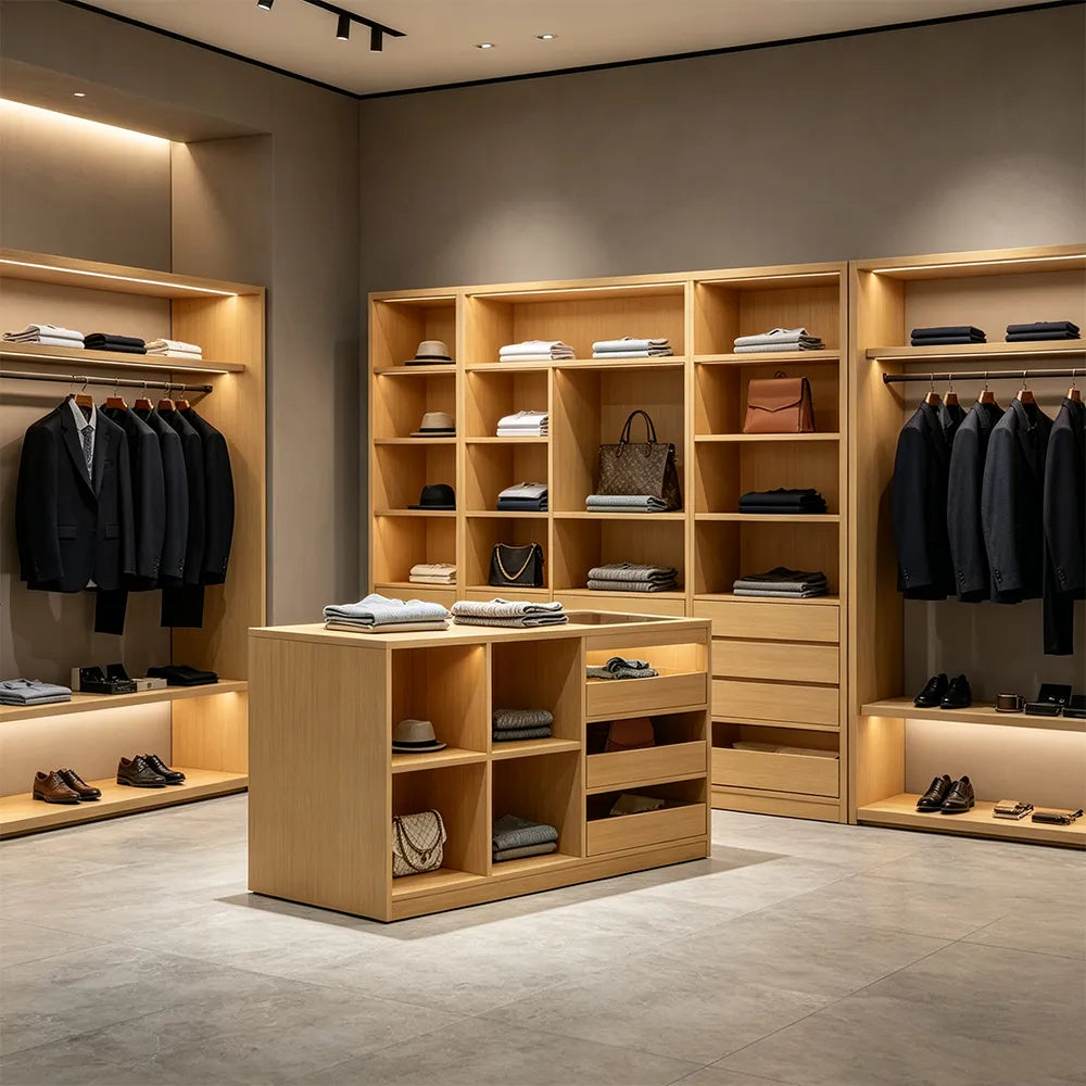 LIVARA 120cm Retail Island Display Counter with Tempered Glass Top and Storage for Boutique & Clothing Store - Wood