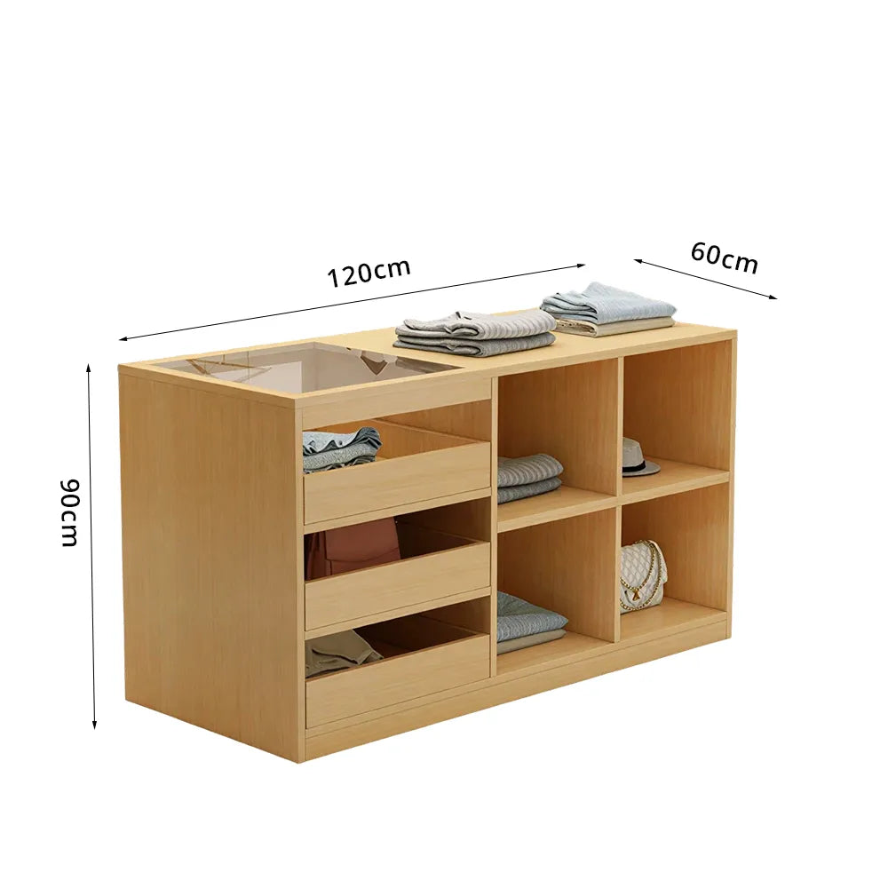 LIVARA 120cm Retail Island Display Counter with Tempered Glass Top and Storage for Boutique & Clothing Store - Wood