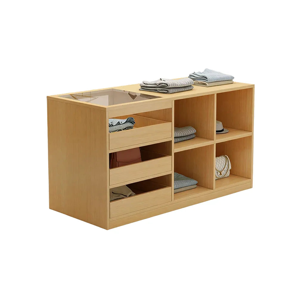LIVARA 120cm Retail Island Display Counter with Tempered Glass Top and Storage for Boutique & Clothing Store - Wood