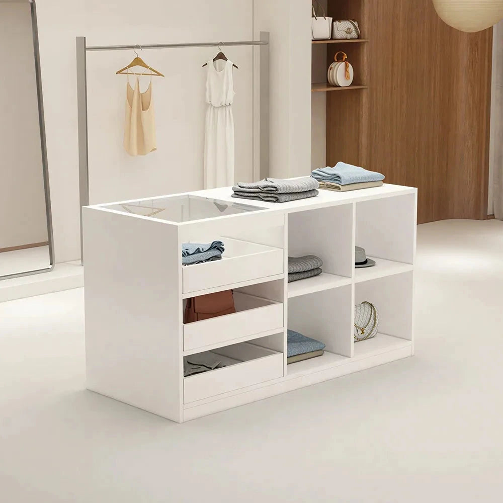 LIVARA 120cm Retail Island Display Counter with Tempered Glass Top and Storage for Boutique & Clothing Store - White