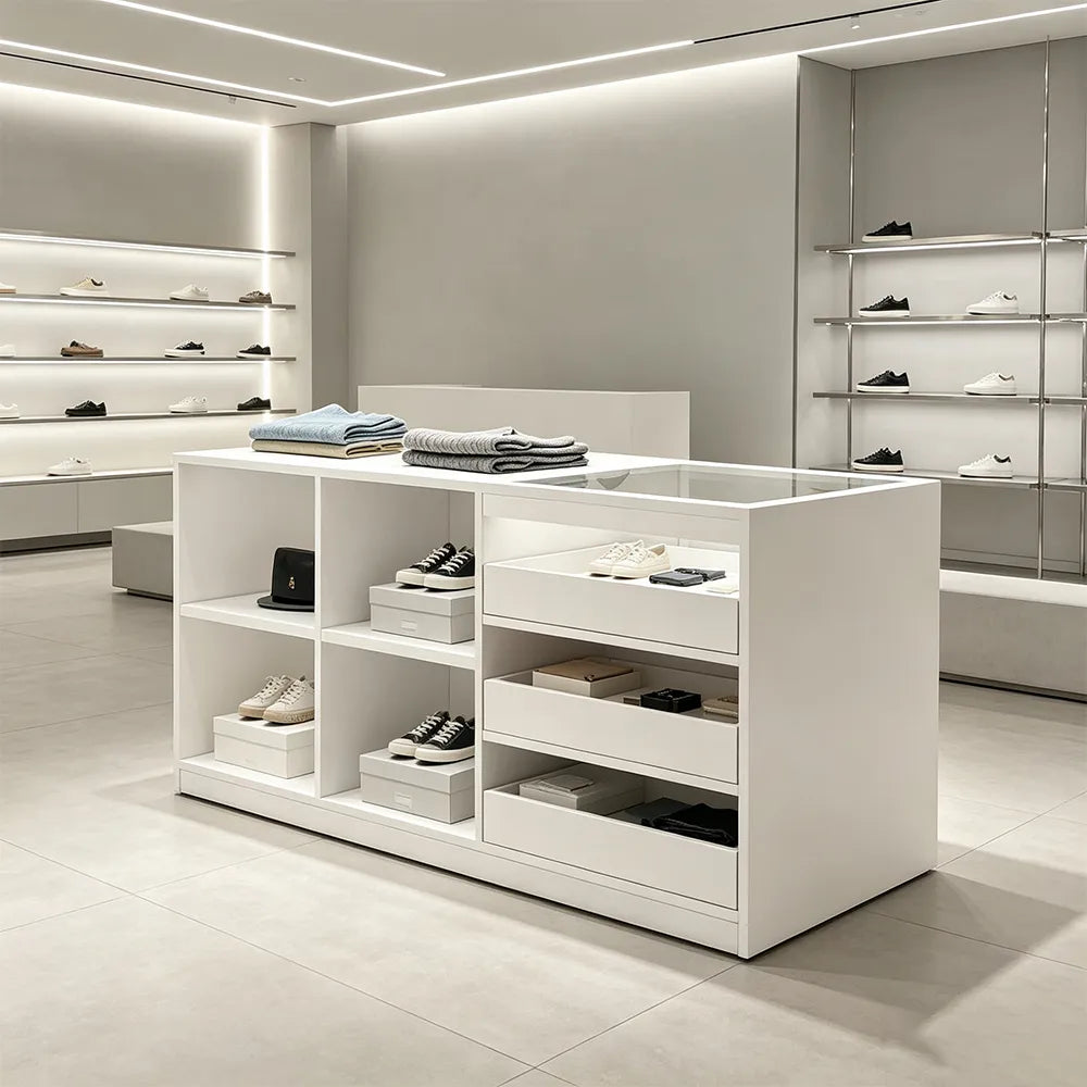 LIVARA 120cm Retail Island Display Counter with Tempered Glass Top and Storage for Boutique & Clothing Store - White