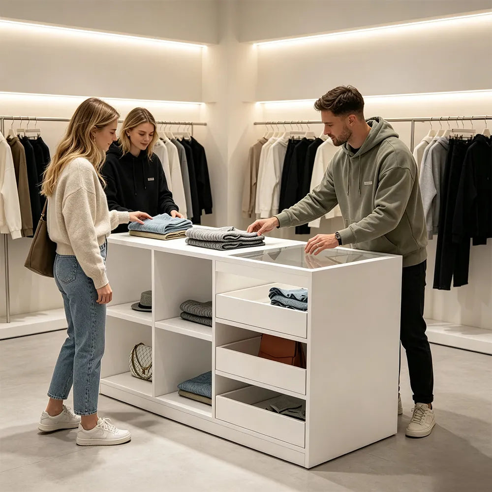 LIVARA 120cm Retail Island Display Counter with Tempered Glass Top and Storage for Boutique & Clothing Store - White