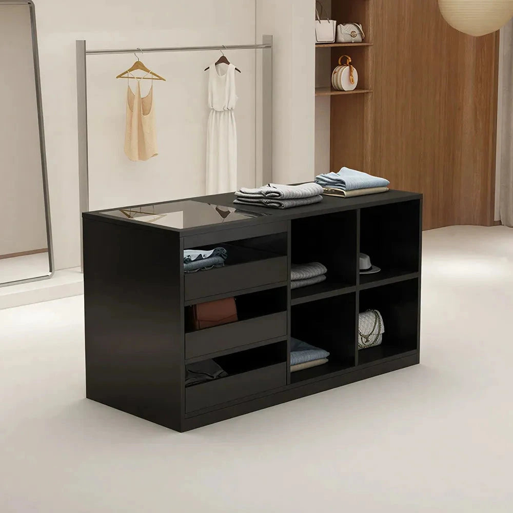 LIVARA 120cm Retail Island Display Counter with Tempered Glass Top and Storage for Boutique & Clothing Store - Black