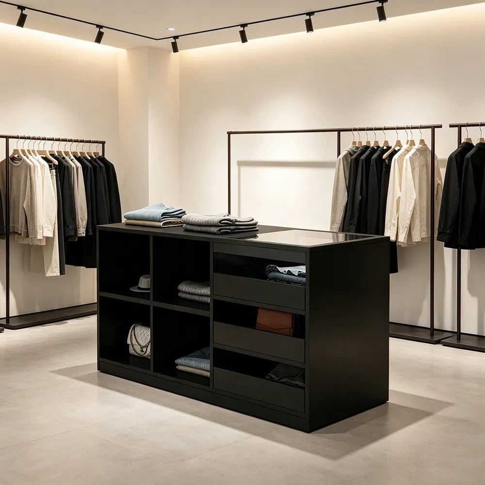 LIVARA 120cm Retail Island Display Counter with Tempered Glass Top and Storage for Boutique & Clothing Store - Black
