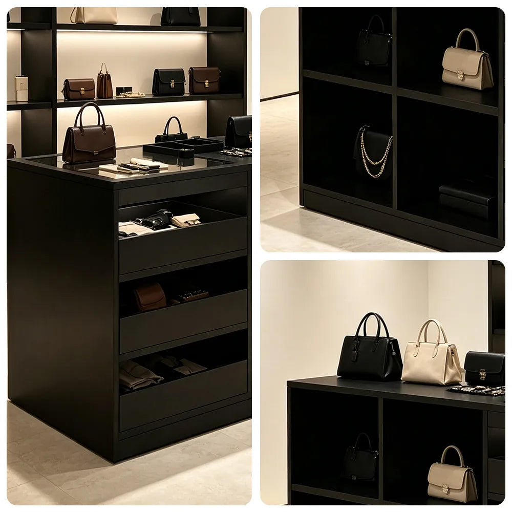LIVARA 120cm Retail Island Display Counter with Tempered Glass Top and Storage for Boutique & Clothing Store - Black