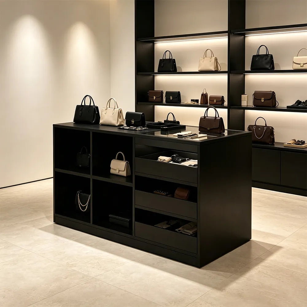LIVARA 120cm Retail Island Display Counter with Tempered Glass Top and Storage for Boutique & Clothing Store - Black