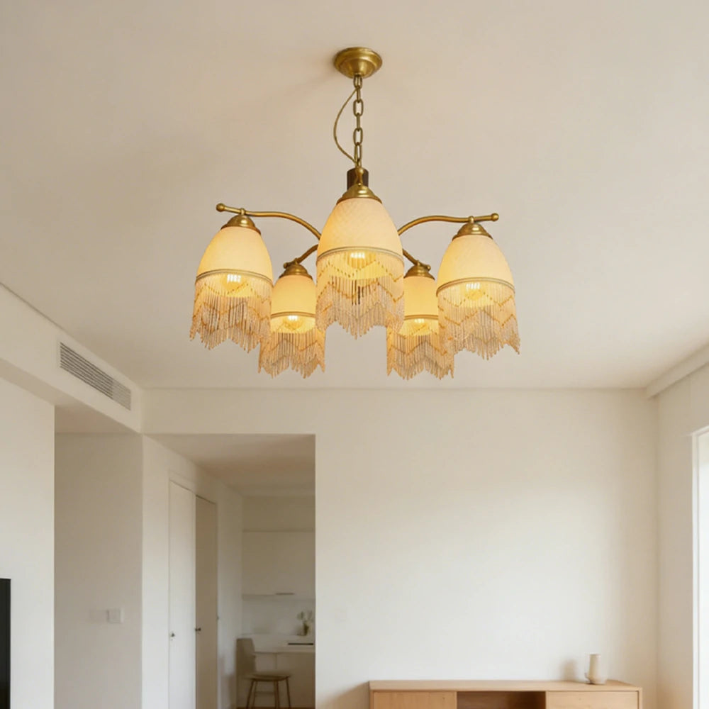 LIVARA Vintage Chandelier 5-Light Tassel Shade E27 6W Warm Light Rubber Wood Frame Elegant Design for Dining Room Living Room Bedroom