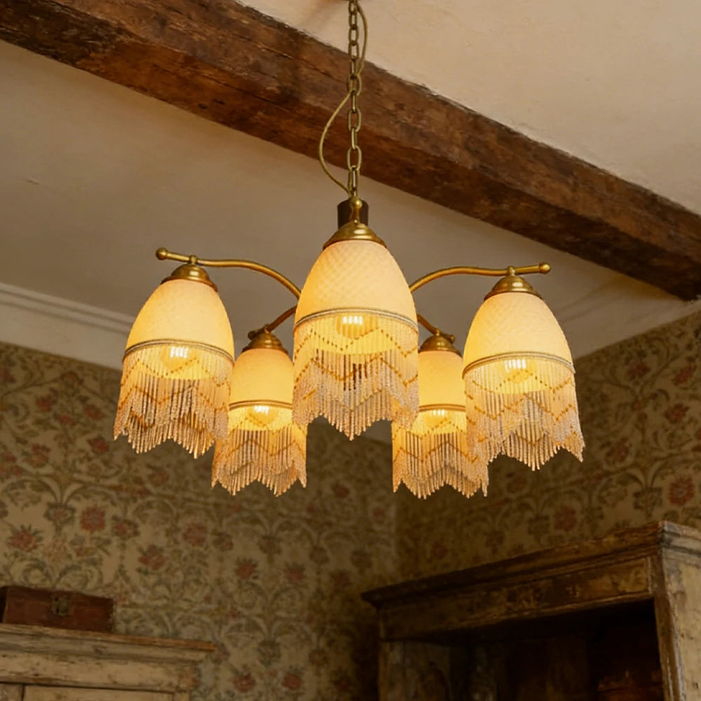 LIVARA Vintage Chandelier 5-Light Tassel Shade E27 6W Warm Light Rubber Wood Frame Elegant Design for Dining Room Living Room Bedroom