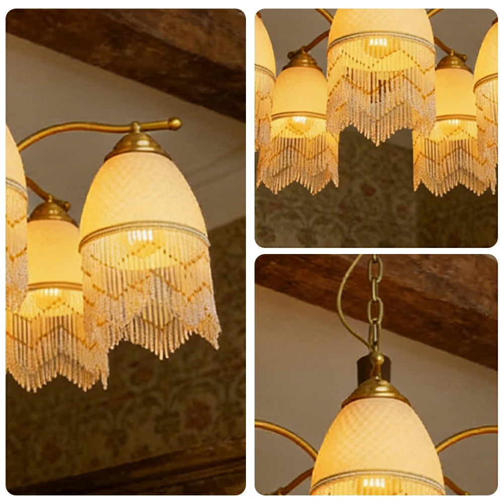 LIVARA Vintage Chandelier 5-Light Tassel Shade E27 6W Warm Light Rubber Wood Frame Elegant Design for Dining Room Living Room Bedroom