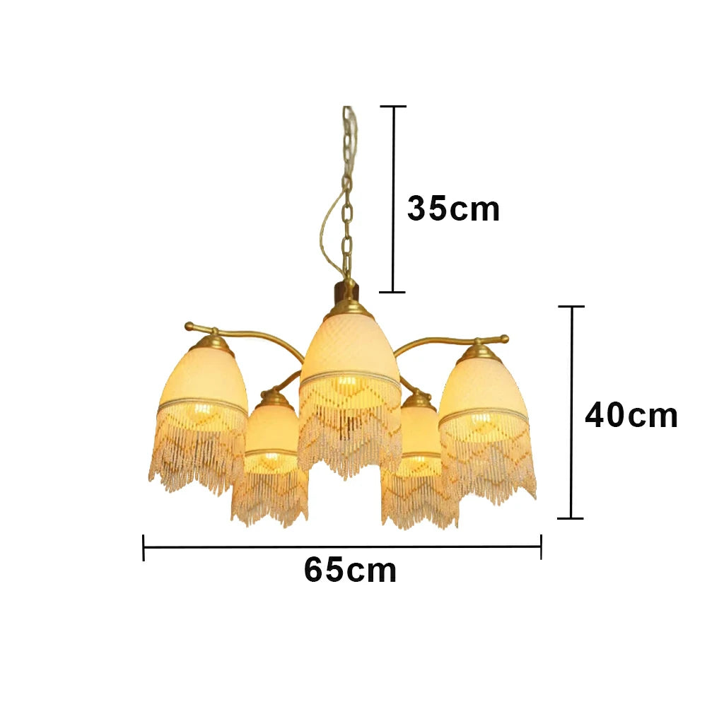 LIVARA Vintage Chandelier 5-Light Tassel Shade E27 6W Warm Light Rubber Wood Frame Elegant Design for Dining Room Living Room Bedroom