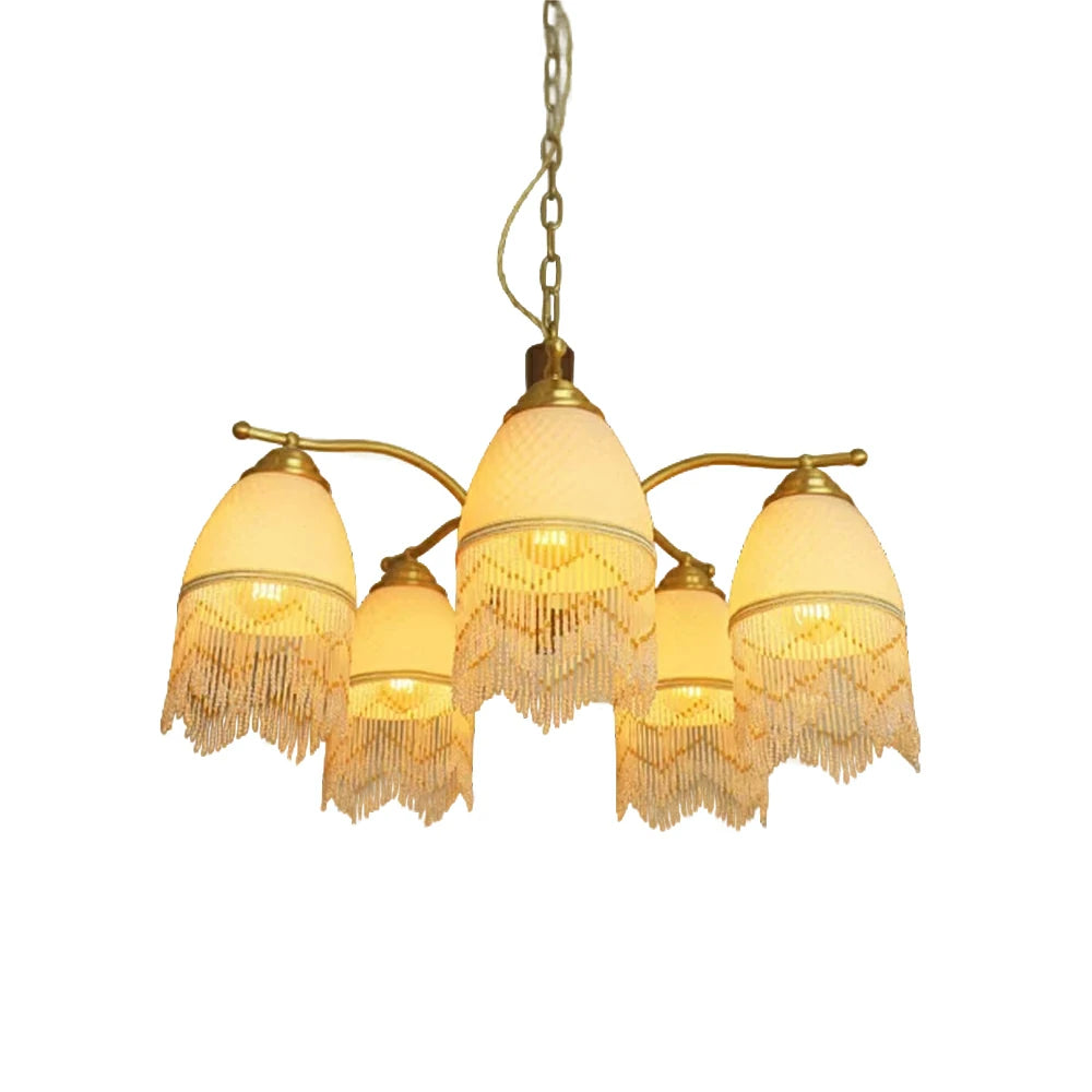 LIVARA Vintage Chandelier 5-Light Tassel Shade E27 6W Warm Light Rubber Wood Frame Elegant Design for Dining Room Living Room Bedroom