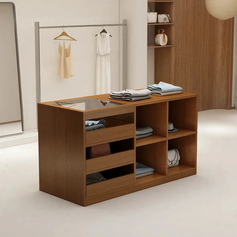 LIVARA 120cm Retail Island Display Counter with Tempered Glass Top and Storage for Boutique & Clothing Store - Walnut