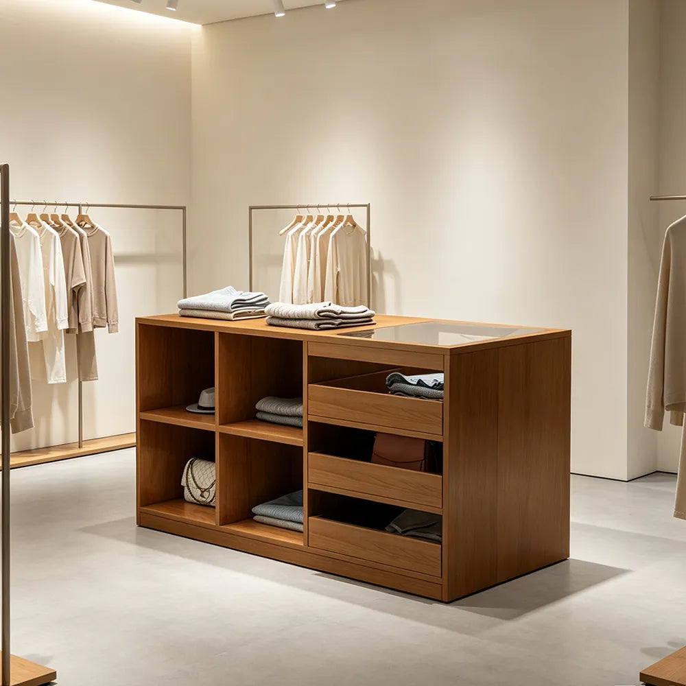 LIVARA 120cm Retail Island Display Counter with Tempered Glass Top and Storage for Boutique & Clothing Store - Walnut
