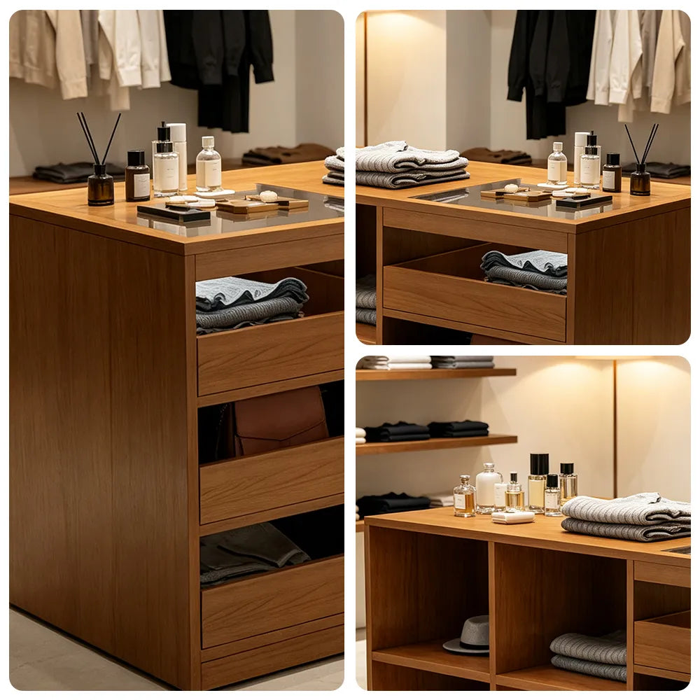 LIVARA 120cm Retail Island Display Counter with Tempered Glass Top and Storage for Boutique & Clothing Store - Walnut