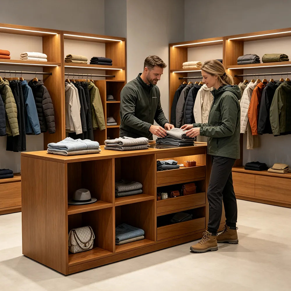 LIVARA 120cm Retail Island Display Counter with Tempered Glass Top and Storage for Boutique & Clothing Store - Walnut