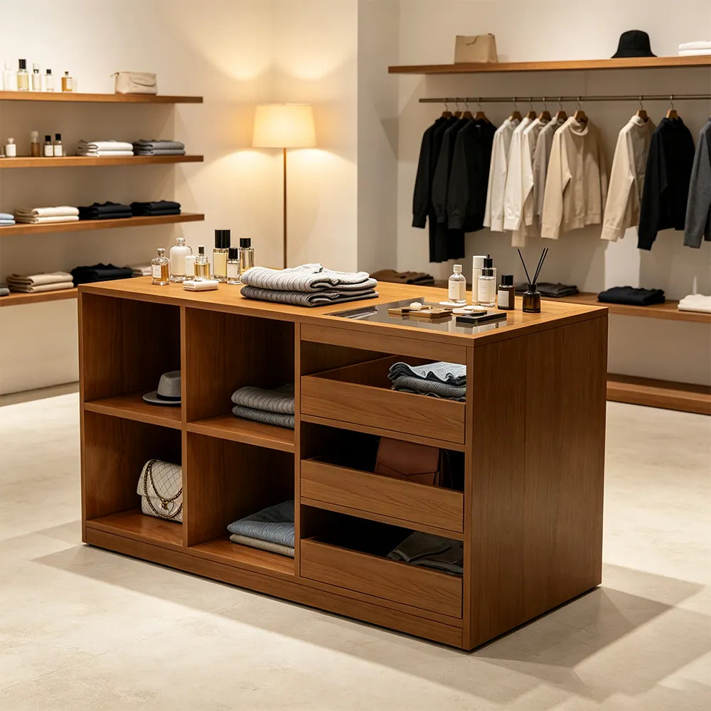 LIVARA 120cm Retail Island Display Counter with Tempered Glass Top and Storage for Boutique & Clothing Store - Walnut