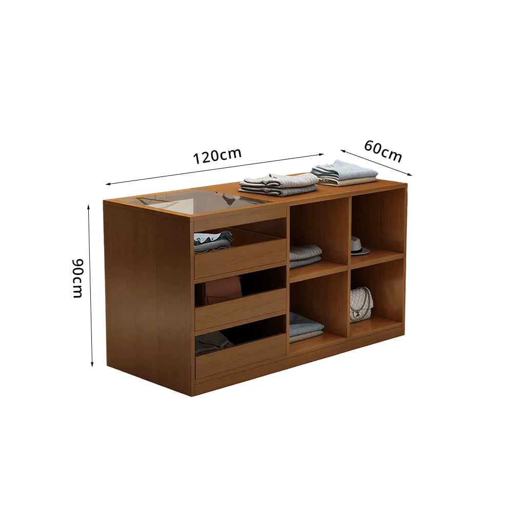 LIVARA 120cm Retail Island Display Counter with Tempered Glass Top and Storage for Boutique & Clothing Store - Walnut