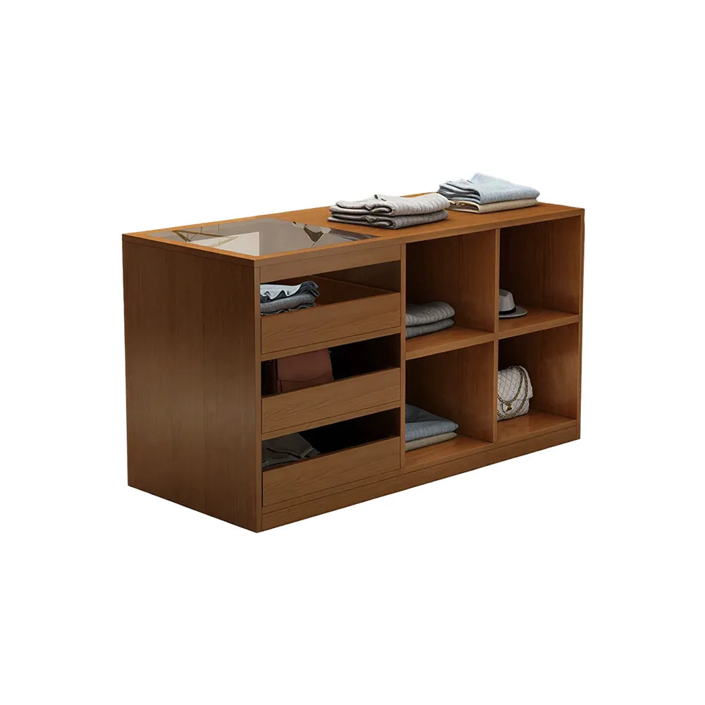 LIVARA 120cm Retail Island Display Counter with Tempered Glass Top and Storage for Boutique & Clothing Store - Walnut